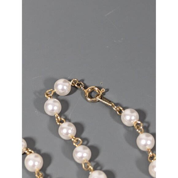 Vintage White Faux Pearl Pink Bezel Beaded Necklace Classic 22 inch - Picture 7 of 9